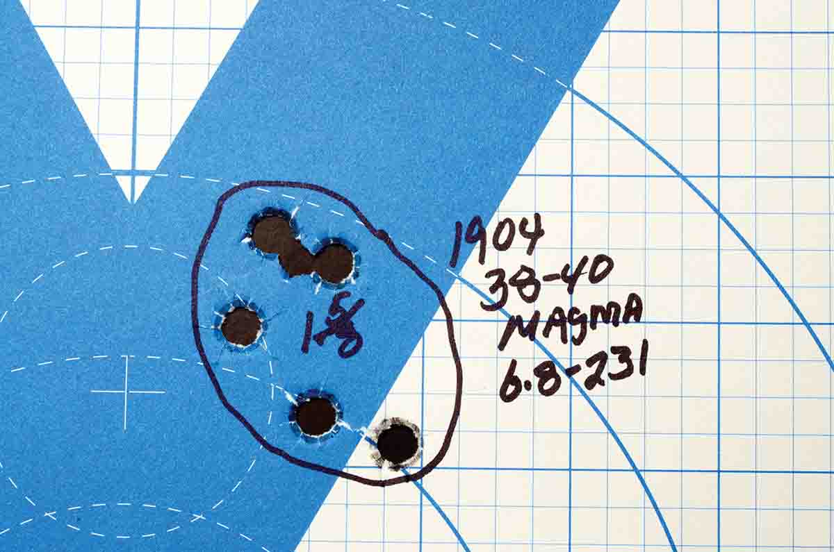 This is one of the better 25-yard groups fired with the 1904 Colt SAA .38-40 from a machine rest.